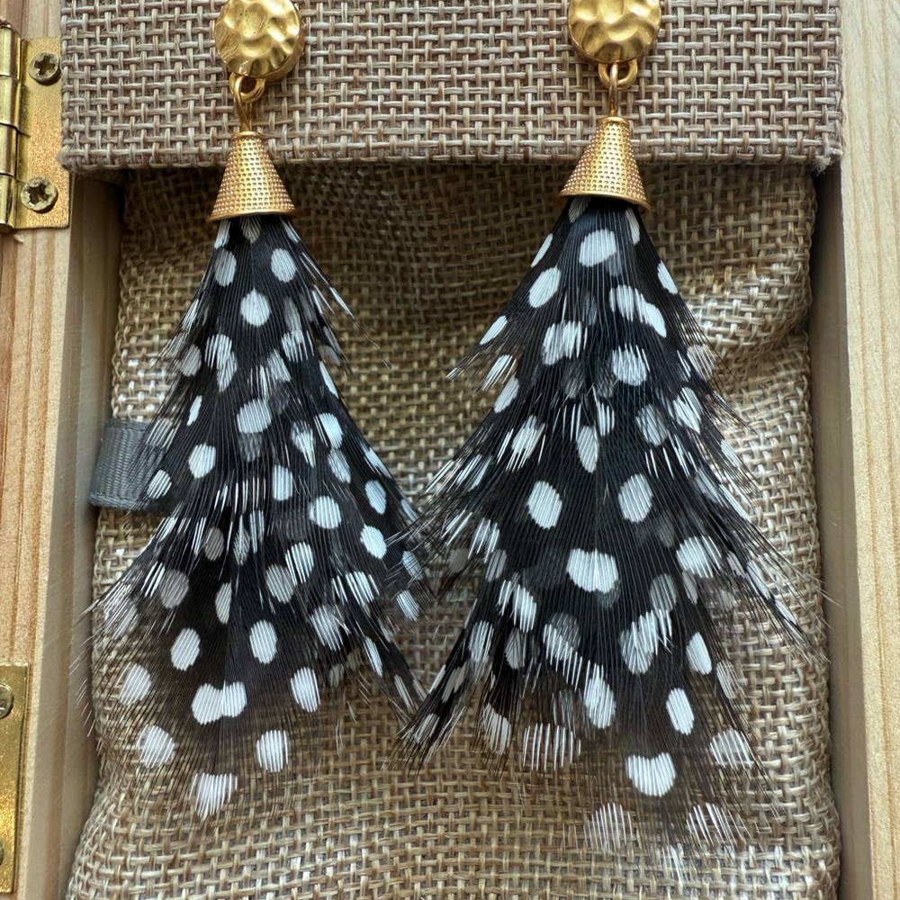 Gold Top Black & White Feather Drop Earrings - Picture 4 of 12